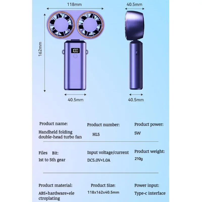 Ventilatore elettrico portatile Dispositivo di raffreddamento a doppia ventola ricaricabile compatto Raffreddamento ricaricabile con display digitale Ventilatore portatile personale