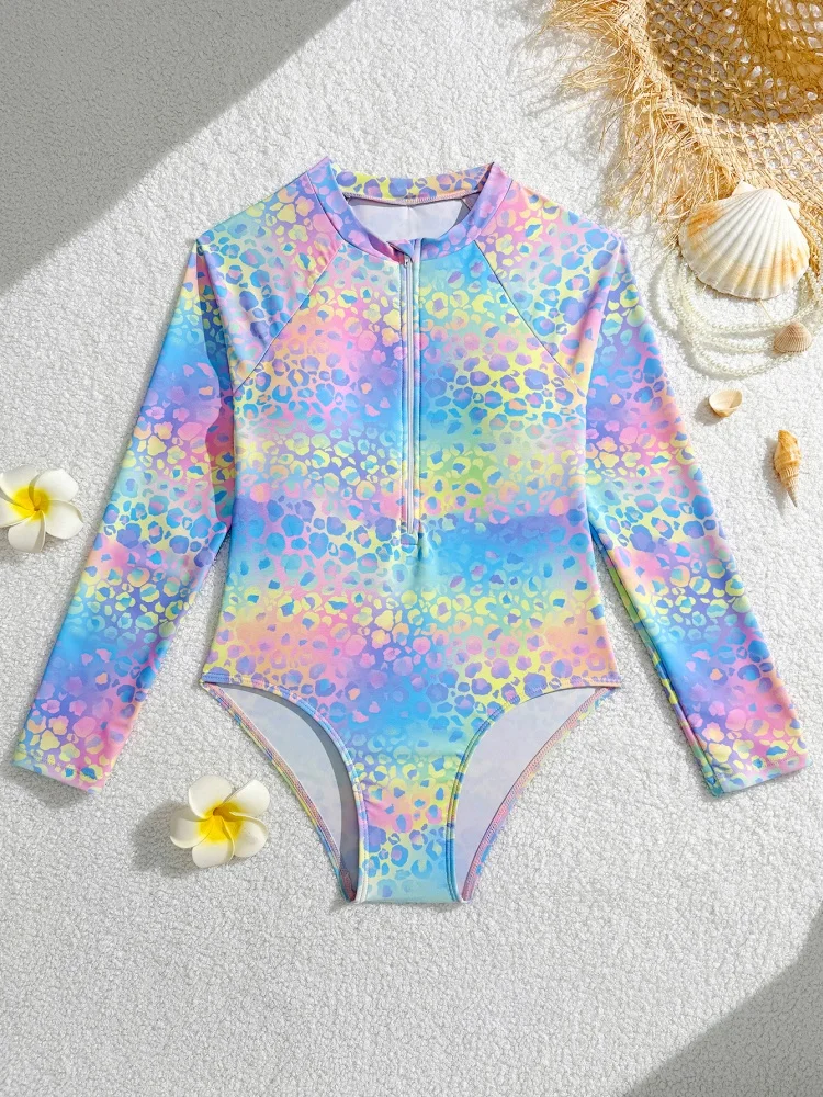 

One Piece Girls Kids Swimsuit 2026 New Gradient Long Sleeves Zipper Children Swimwear Summer Beachwear Bathing Suit For Swimming