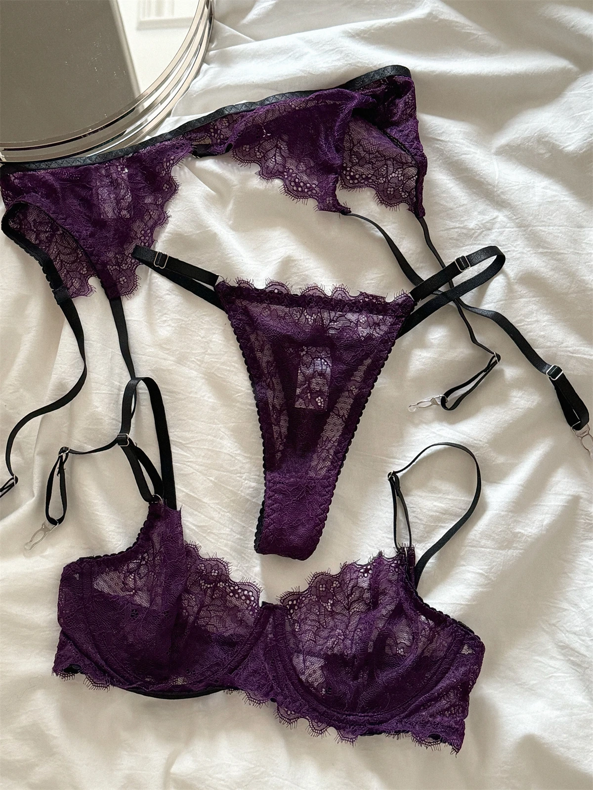 Purple romantic lingerie sexy gathered thin lace women underwear push up cup lace sexy upturned breathable lingerie set