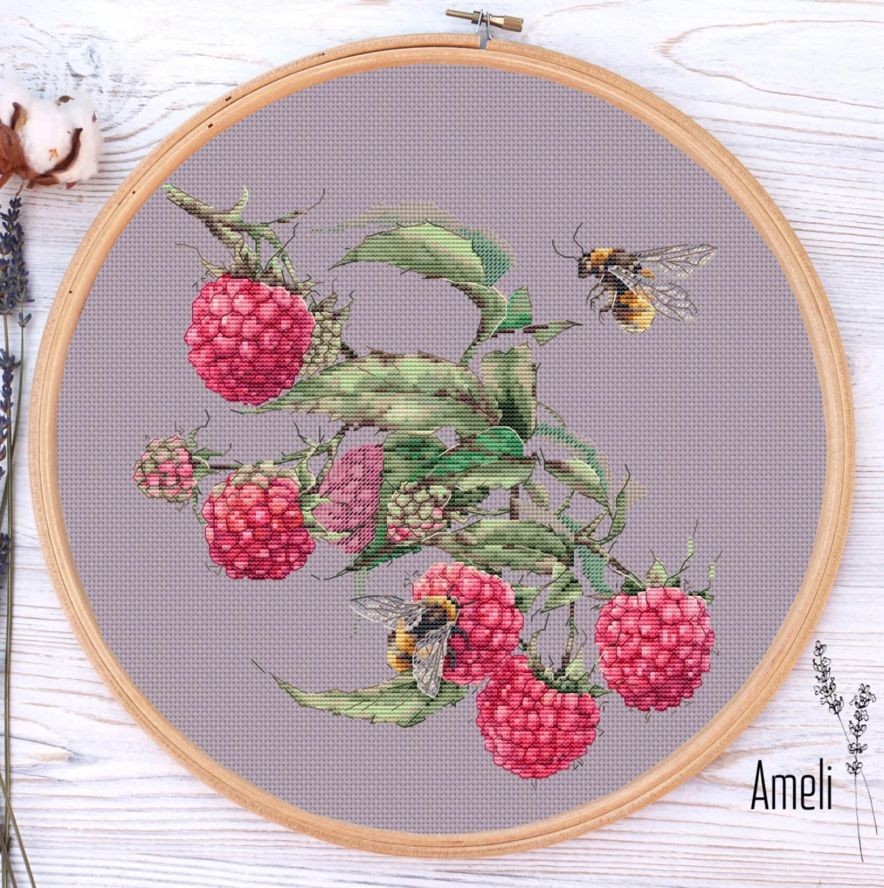 Bee Raspberry-Beautiful Lovely Counted Cross Stitch Kit, DIY Needle Work, 35-36 Height, Top Quality