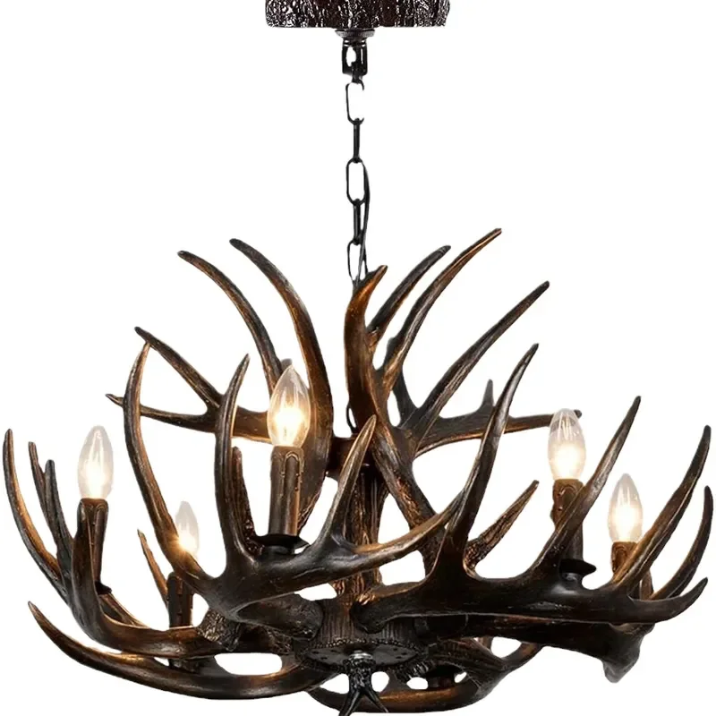 Retro Deer Antler Chandelier American Style Hanging Light for Living Room Dining Cafe Log Cabin Creative Pendant Lamp