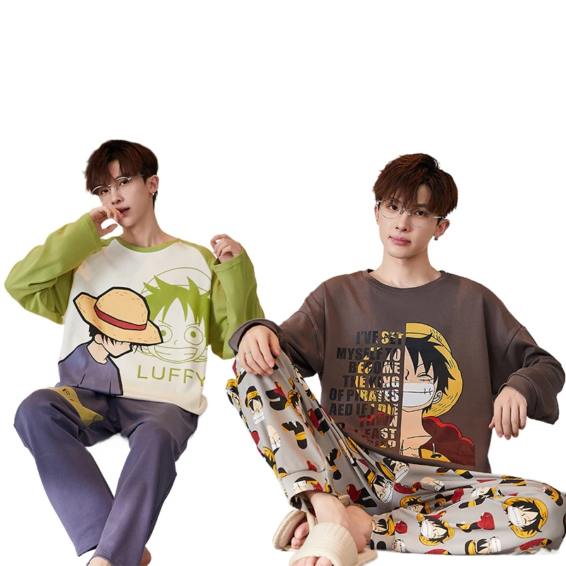 

ONE PIECE Luffy Пижамный комплект Аниме Луффи Зимняя одежда для сна Повседневный топ и брюки Теплая мягкая ночная рубашка с круглым вырезом Домашняя одежда Подарки