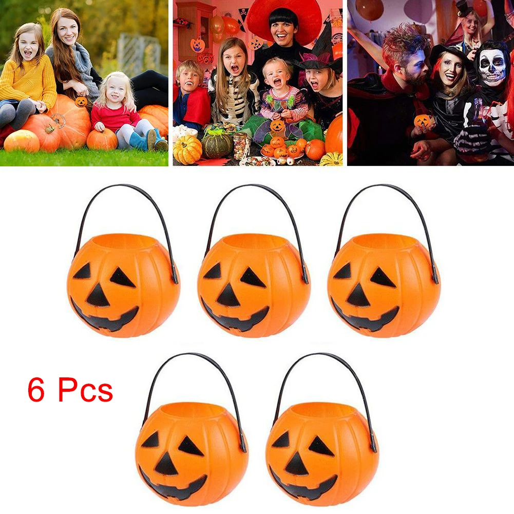 6 Pcs Novelty Funny Kids Halloween Pumpkin Bucket Sweet Candy Bucket Portable Basket Halloween Party Decoration Supplies