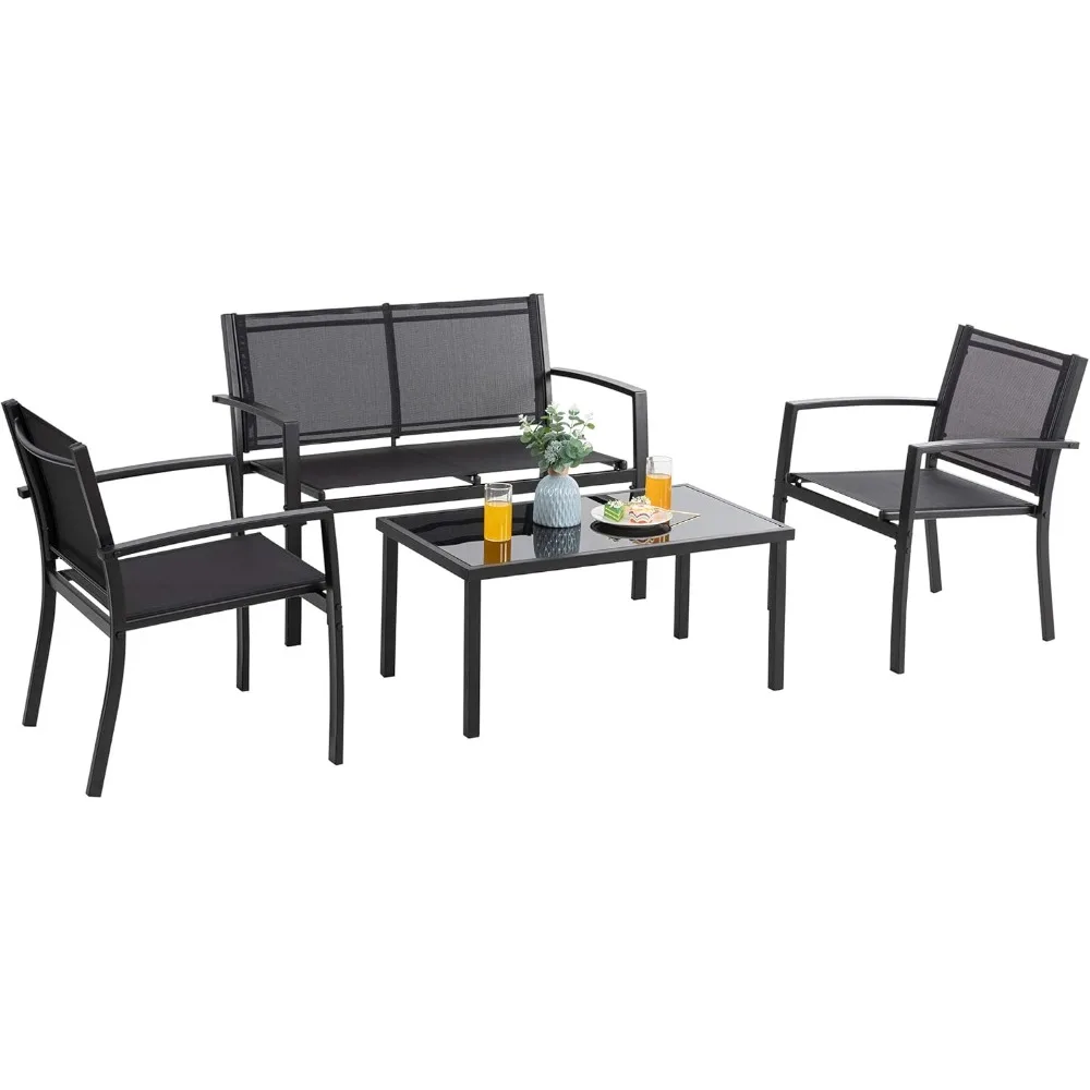 

4 Pieces Patio Furniture Sets,Outdoor Patio Conversation Sets with Glass Coffee Table, Small Porch Balcony Furniture, Patio Tab