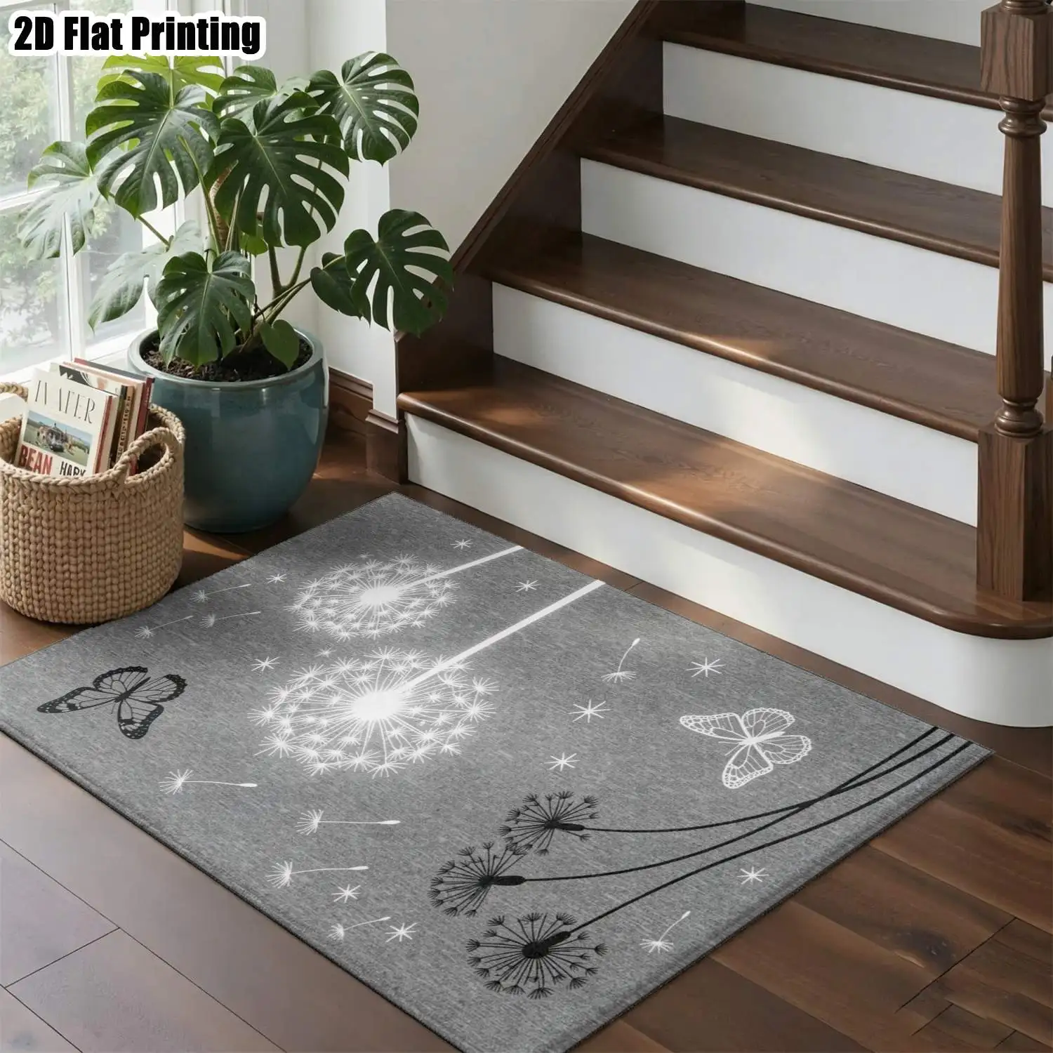 1Pc 2D Printed Gray-White Dandelion Butterfly Carpet, Instagram/Nordic Style Floor Mat, Washable, Multi-Size, Home Decor for Entrance/Dining/Bedroom/Living Room Etc