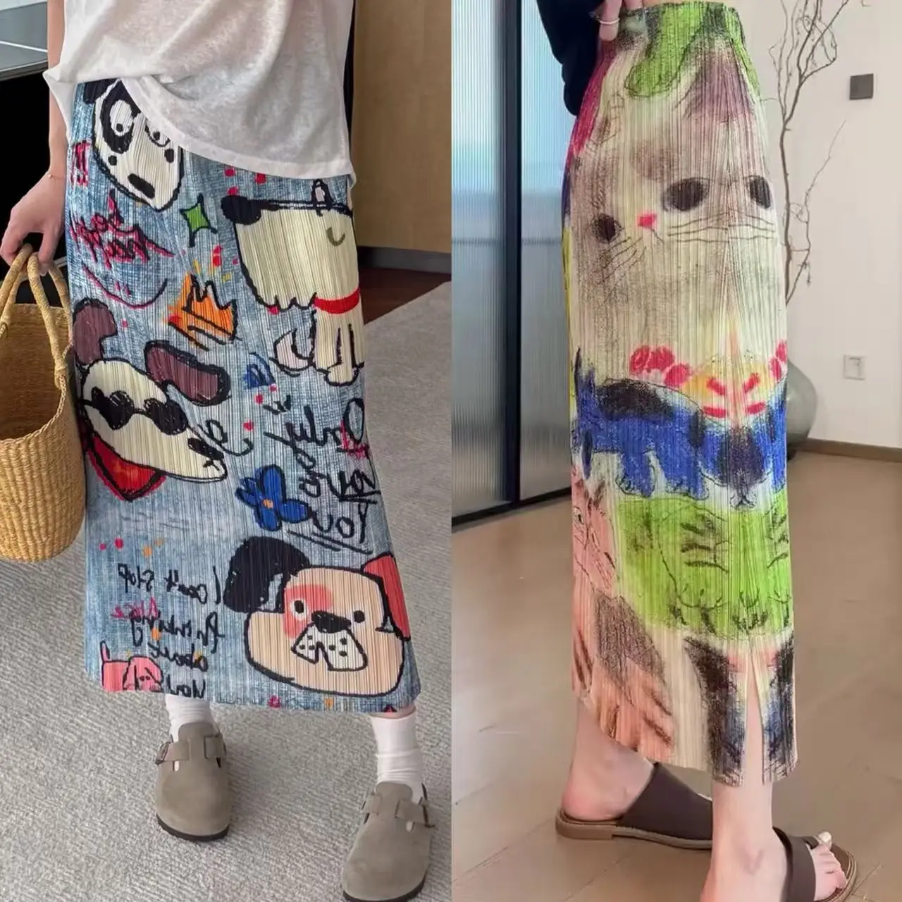 

Cartoon And Dog Print Elastic Straight Cut Asymmetrical Skirt Fun Anti-Aging Summer 2025 Women's Midi Skirt