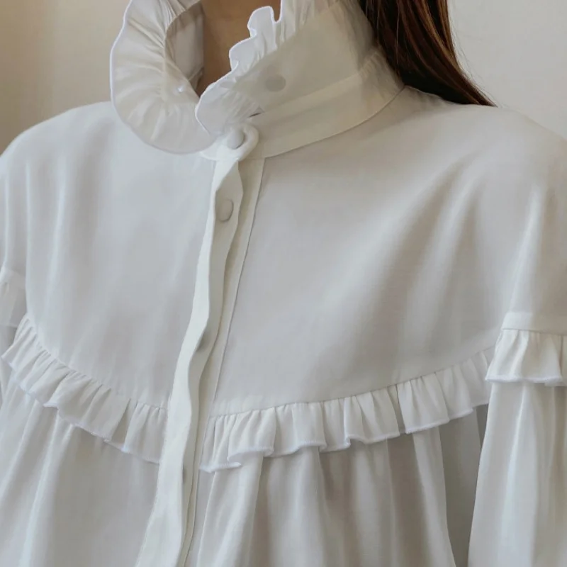 Women's Clothing2024Early Spring New Shirt Women's French Lapel Lantern Sleeve Lace Design Loose White ShirtWlj