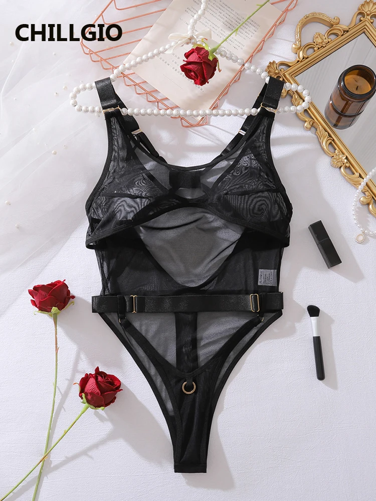 

CHILLGIO Women Solid Sexy Mesh Bodysuits Slim Strappy Onesie Bodycon One Piece Combination Catsuits Transparent Rompers Lingerie