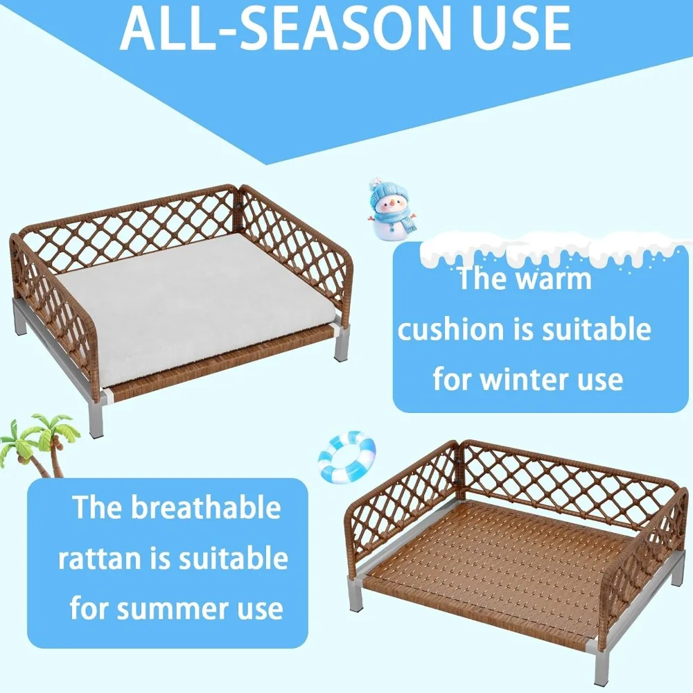 Tempat tidur anjing ortopedi anyaman rotan cokelat dengan bantalan yang dapat dilepas dan dicuci serta penyangga busa egg crate untuk penggunaan di luar ruangan