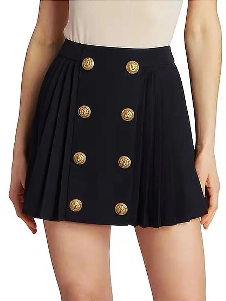 HIGH STREET 2024 Newest Fashion Stylish Designer Women Metal Lion Button Double Breasted High Waisted Pleated Mini Skirt