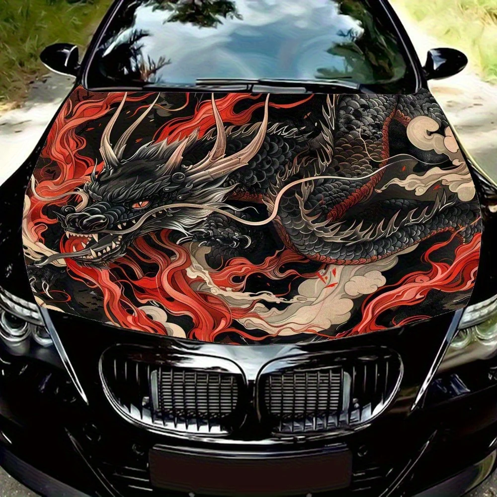 Eye-Catching, Flame Black Dragon Vinyl Car Decal - Durable & Fade-Resistant Hood Wrap Decal, Easy Clean, UV Protected - Perfect