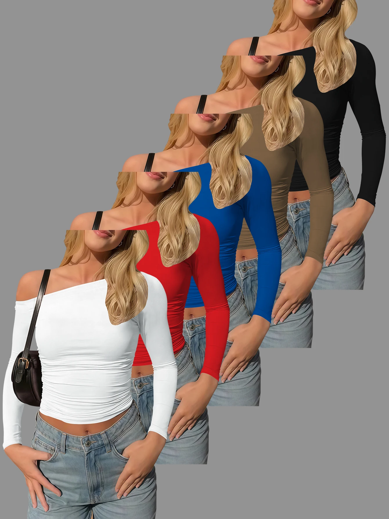 

5-Piece Set Women's Y2K Style Solid Color Off-Shoulder Long-Sleeve T-Shirt for Autumn