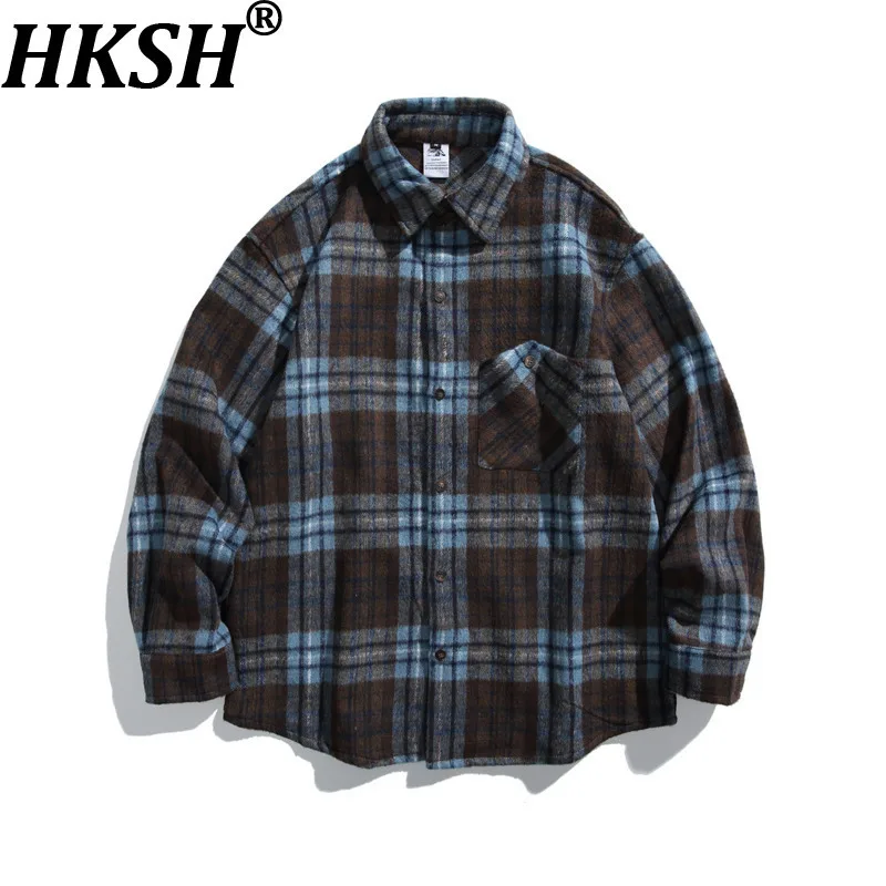 

HKSH весна осень новая женская клетчатая рубашка однобортный отложной воротник уличная одежда шикарная унисекс негабаритная повседневная блузка HK13597