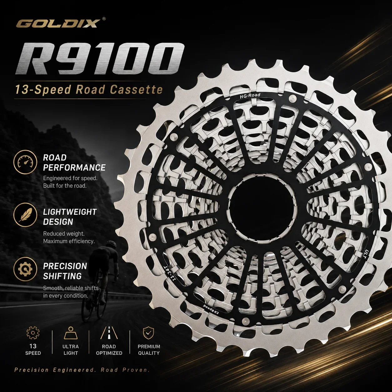 GOLDIX 13 Speed Road/Gravel Bike Cassette 11-34T Ultra-Light 210g One-Piece Steel Flywheel HG Freehub 12V All CNC Sprocket
