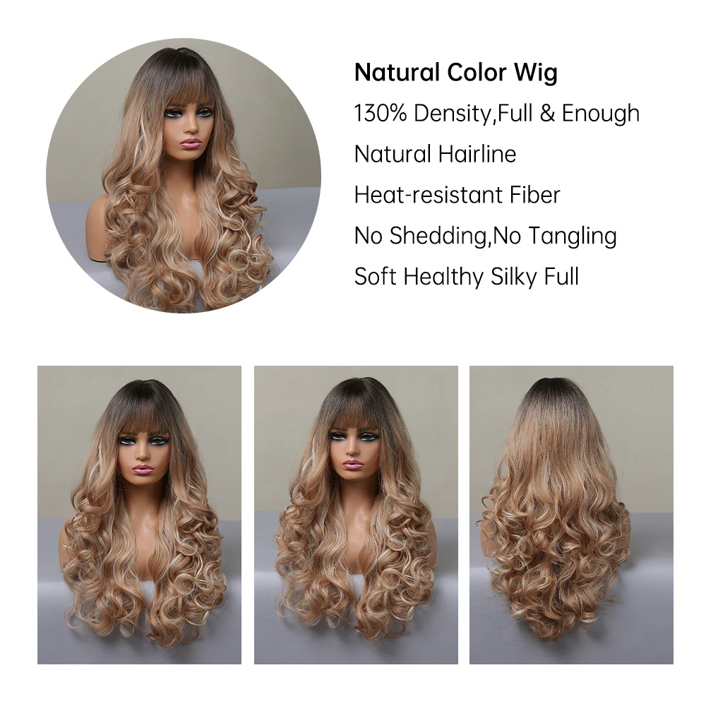 HENRY MARGU Ombre Brown Blonde Highlight Synthetic Hair Wigs with Bang Long Loose Wave Cosplay Wig Heat Resistant Fake for Women