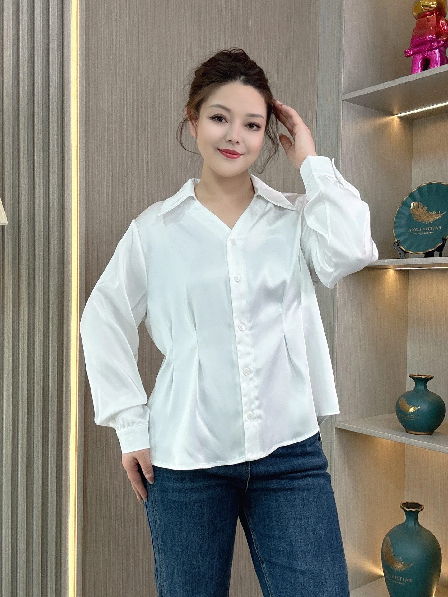

plus Size Women's irt Spring New Design Turn-down Collar Waist-cinching Long Sve Ele Versatile Slimming Top