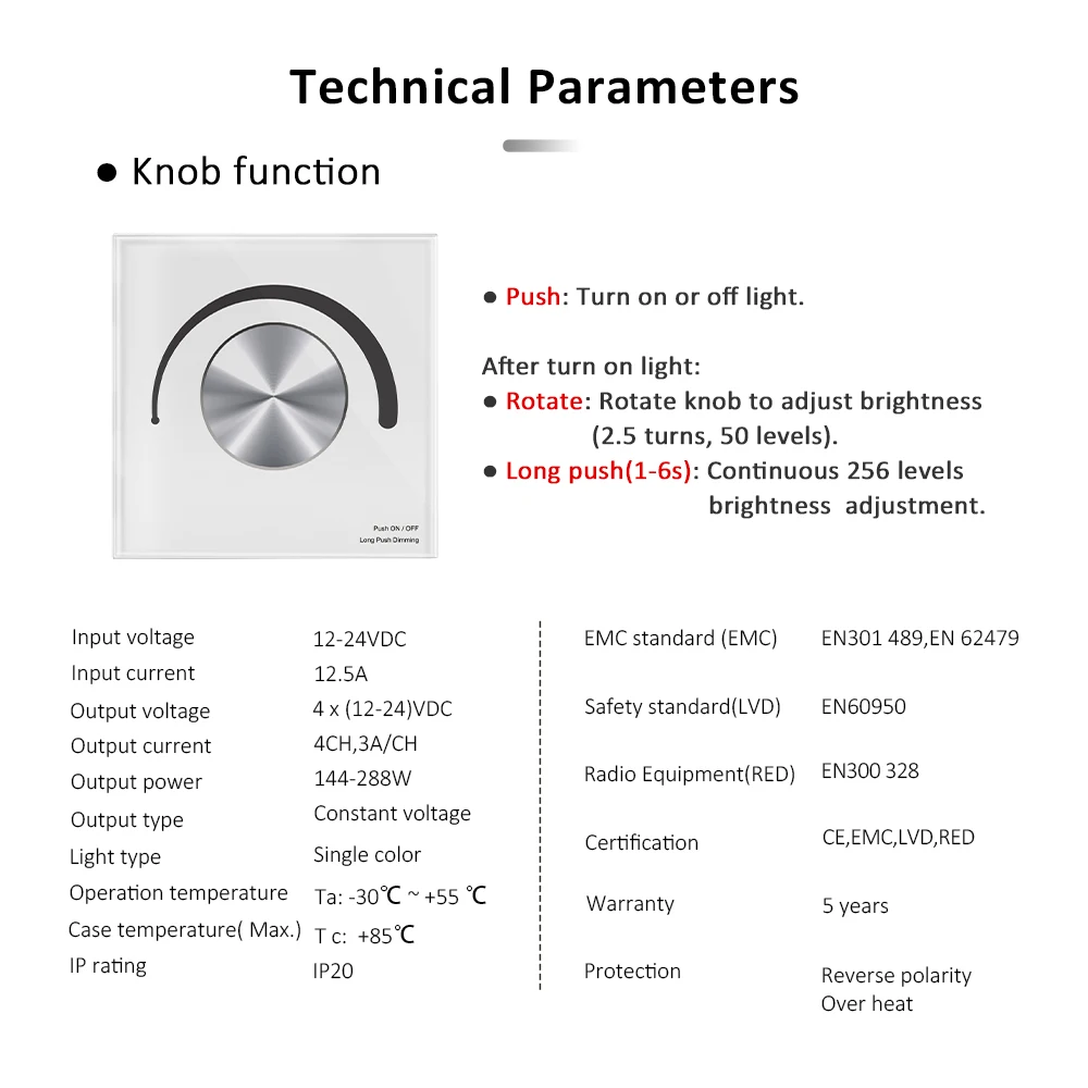 DC 12-24V Single Color Strip Light Dim Controller Wall Mounted Manual Rotary Knob Led Dimmer T1-K RF Wireless RT1 Remote Control