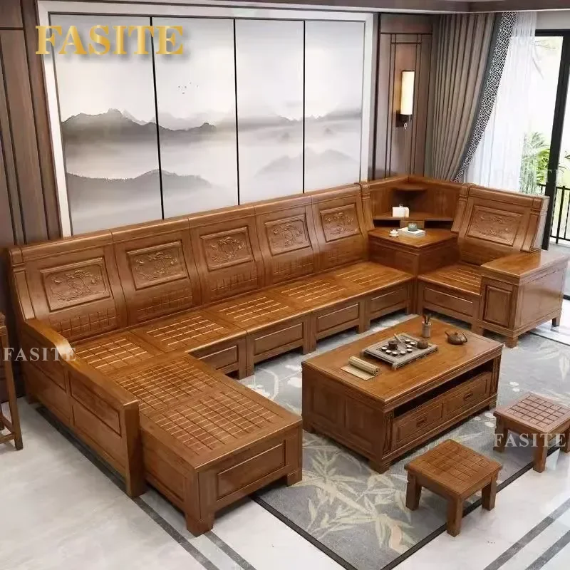 For Living Room New Chinese Classical Carved Camphor Wood Solid Wood Sofa Combination Antique Corner Concubine Storage