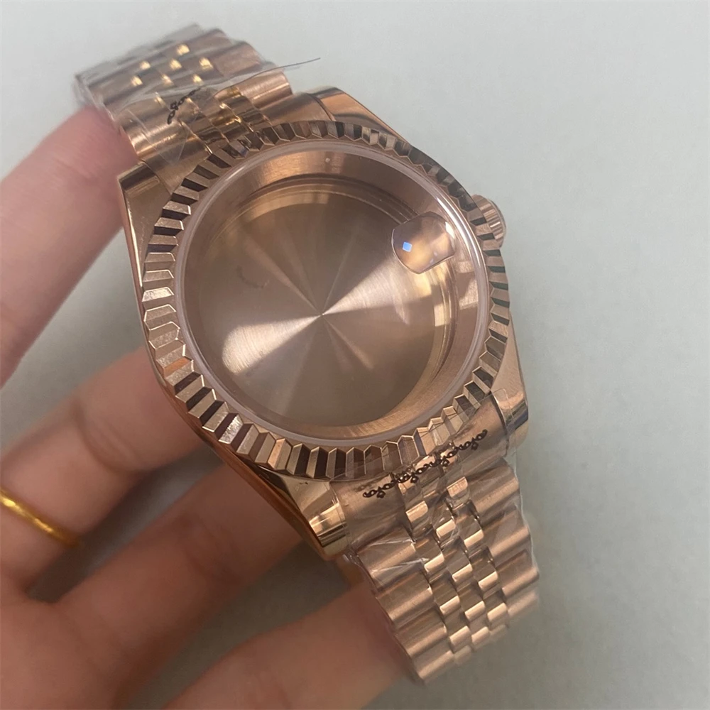 

39mm Rose Gold Coated Watch Case for Datejust NH35 NH36 Movement Waterproof Fluted Bezel Sapphire Glass Magnifier Case Strap Set