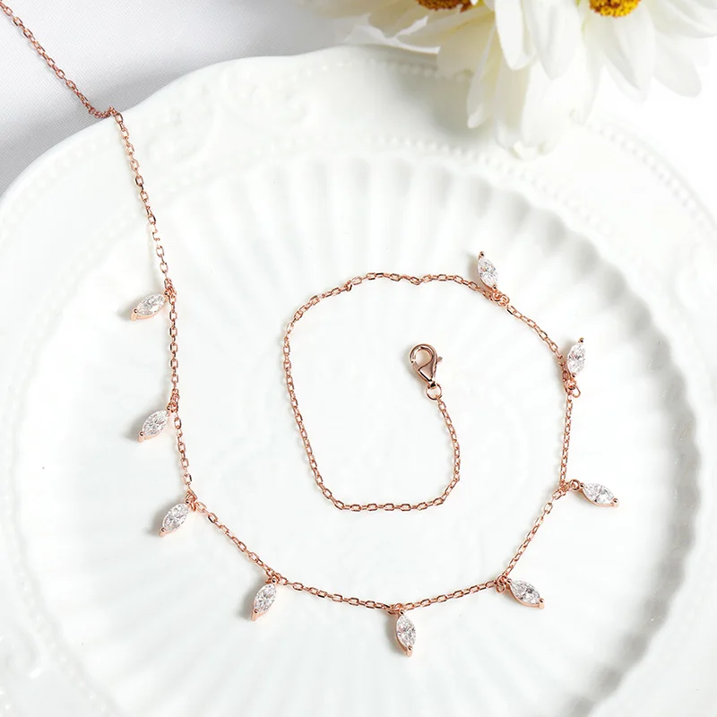 Kalung Moissanite Potongan Marquise 3*6mm Bersertifikat Smyoue, Liontin 9 Batu Permata, Hadiah untuk Wanita, Rantai Berlian Laboratorium, 100% Perak Murni 925 Asli