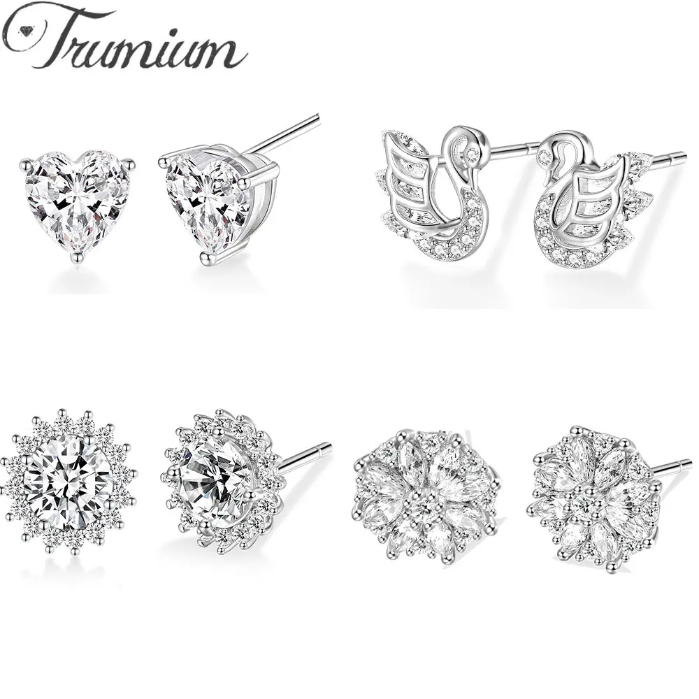 

Trumium Genuine 925 Sterling Silver Earring Sun Flower Heart Swan Dazzling Cubic Zirconia Stud Earrings For Women Girl Jewelry