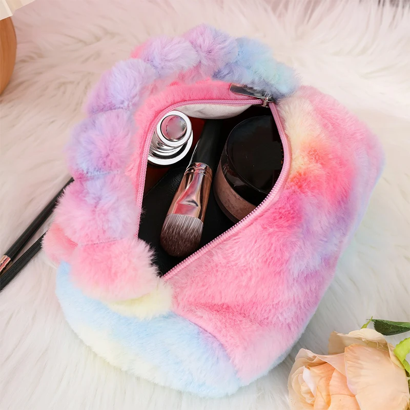 Fashion Luxury Plush Cosmetic Bag Colorful Girl Makeup Beauty Pouch Furry Lipstick Accessories Wash Bag Large Capacity