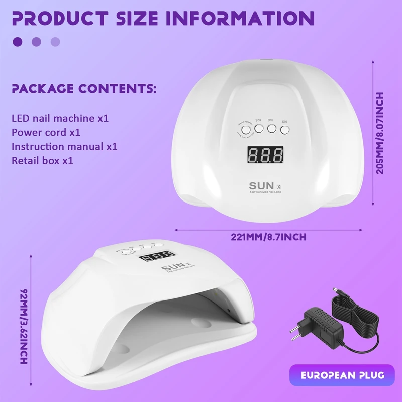 เครื่องเป่าเล็บเจล SUNX 54 W โคมไฟ LED ยูวีสำหรับเครื่องเป่าเล็บแสงสีขาวมืออาชีพเครื่องอบแห้งเร็ว peralatan Seni Kuku E