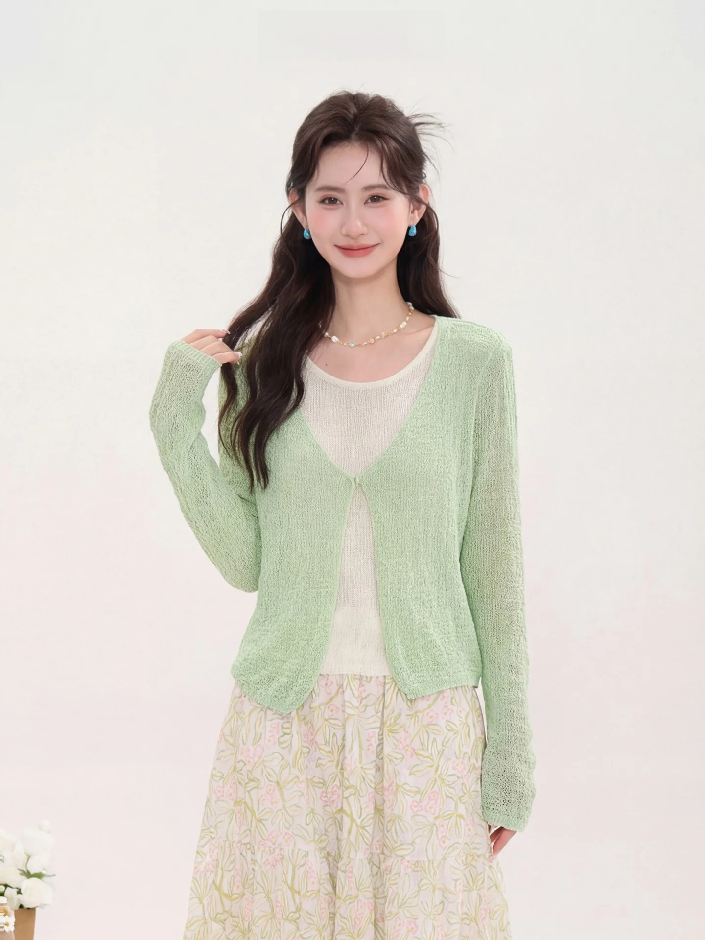 

Heme Knitted Open Cardigan Top Women's Spring Fashion Splicing Fake Two-Piece Long Sleeve Casual Style A-Line Hemline