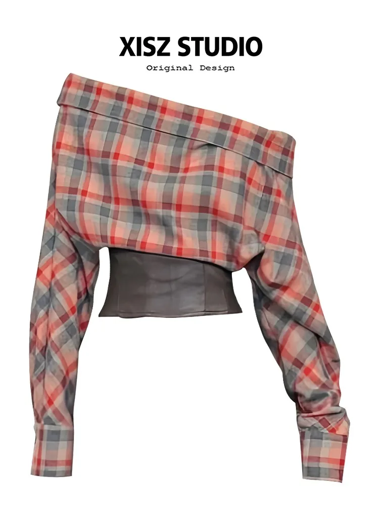 

Women's Plaid Slash Neck T-shirt Harajuku Korean Y2k Tee Top 2000s Clothes Aesthetic Fashion Long Sleeve Vintage T-shirts Autumn