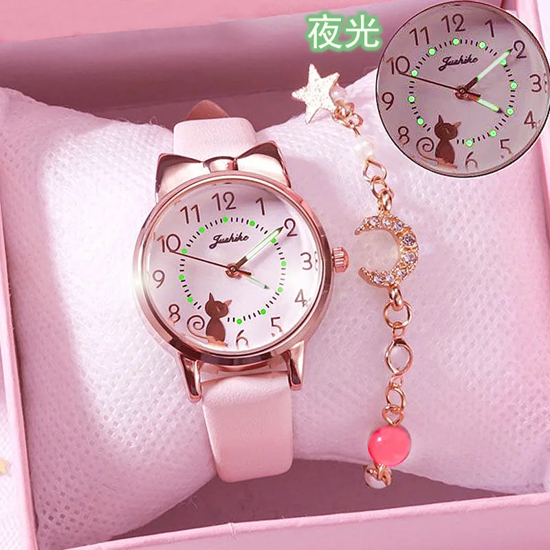 Moda Bambini Amore Quadrante digitale Orologio per bambini Set Cinturino in pelle Orologi al quarzo Orologio per ragazze per bambini Orologio per bambini + Bracciale senza scatola