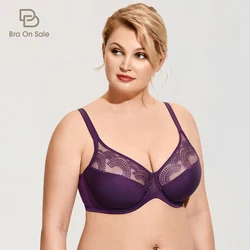 Women's Sheer Lace Bra Plus Size Jacquard Unlined Underwire Full Coverage Non Padded Support D DD E F G H 34-44 46 48