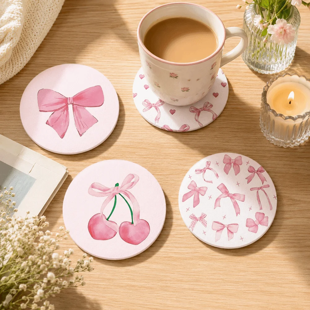 4/6pcs Cute Round Wooden Drink Coaster Heat-Resistant Non-Slip Cat Coaster Dog Bow Coffee Cup Mat For Dining