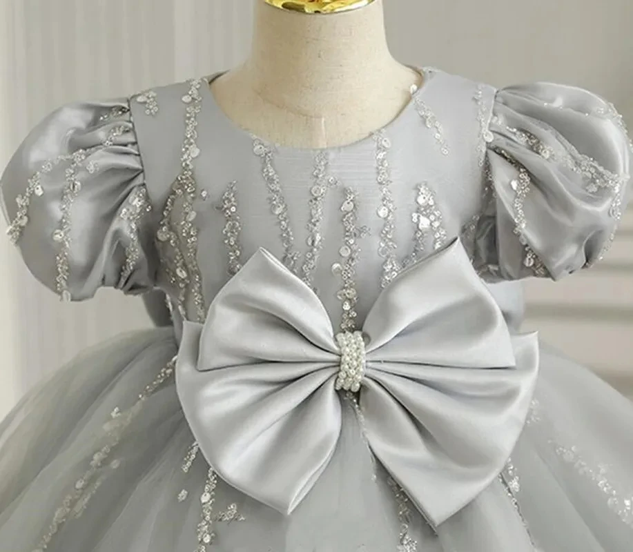 Vestido de joelho frisado brilhante para crianças, vestidos de florista de bebê, festa de aniversário de princesa, concurso, comunhão sagrada, prata