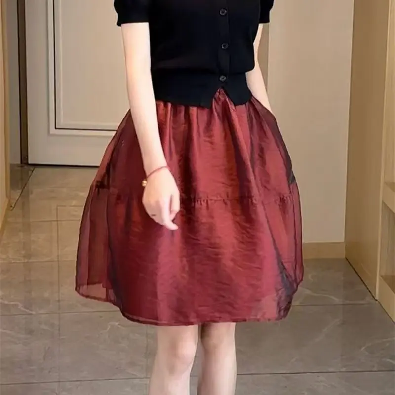 Women Organza Tiered Mini Skirt Elastic High Waist Flowy Puffy A Line Skirt Summer Casual Glossy Sheer Layered Bubble Skirts