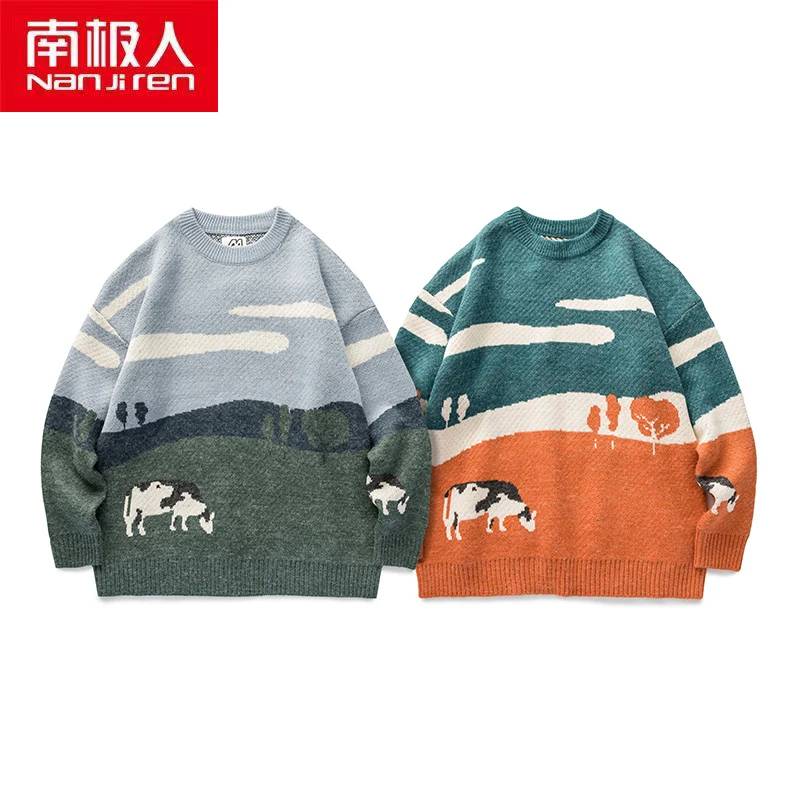 Nanjiren men Clothing Men Breathable Pullovers Warm Daily Casual O-neck Animal Print Long Sleeves Cotton Thin Men Sweater