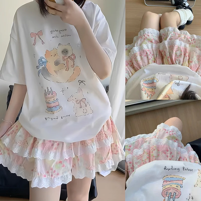 Mulheres floral mini saia kawaii verão 2024 babados japonês y2k bonito meninas doce bolo pompom saia em camadas saias curtas faldas