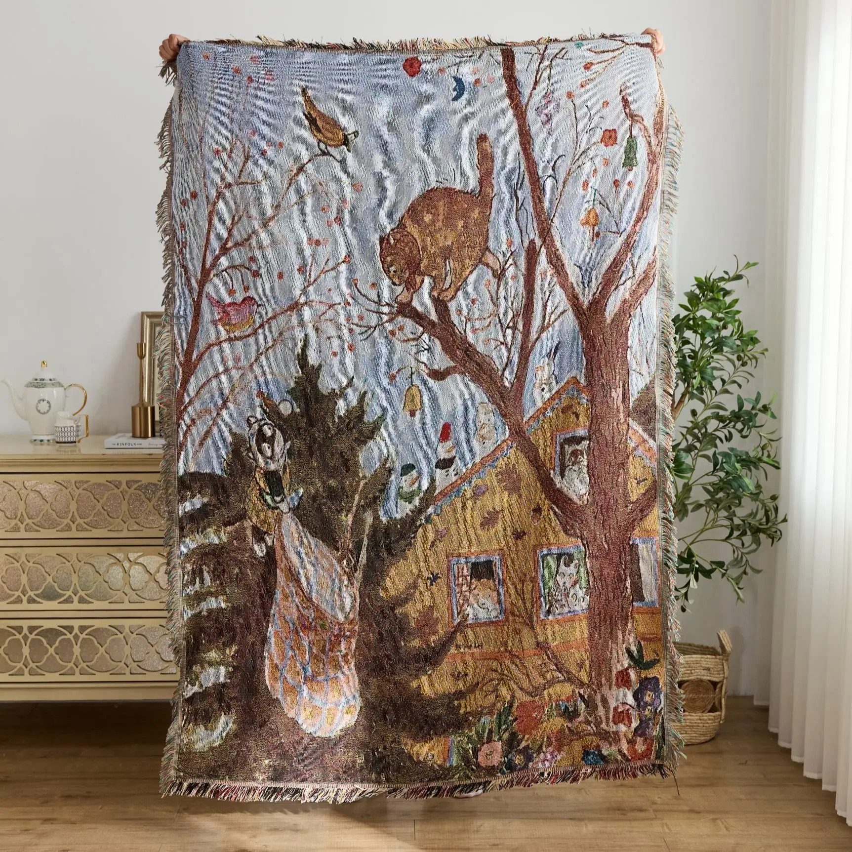 Whimsical Cat Bird Forest Jacquard Throw Blanket Storybook Animal Illustration Woven Tapestry Cottagecore Folk Art Fringe Throw