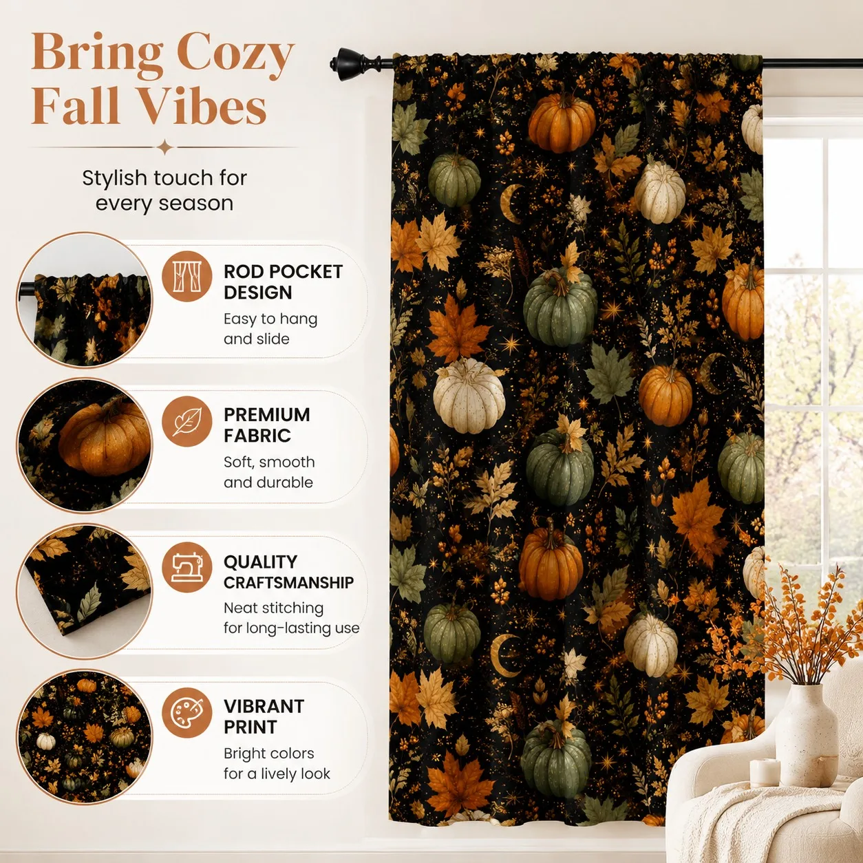2Pcs Autumn Pumpkin Leaf Print Curtains for Home Living Room Bedroom Kitchen Window Decor, Fall Harvest Theme, High Definition P