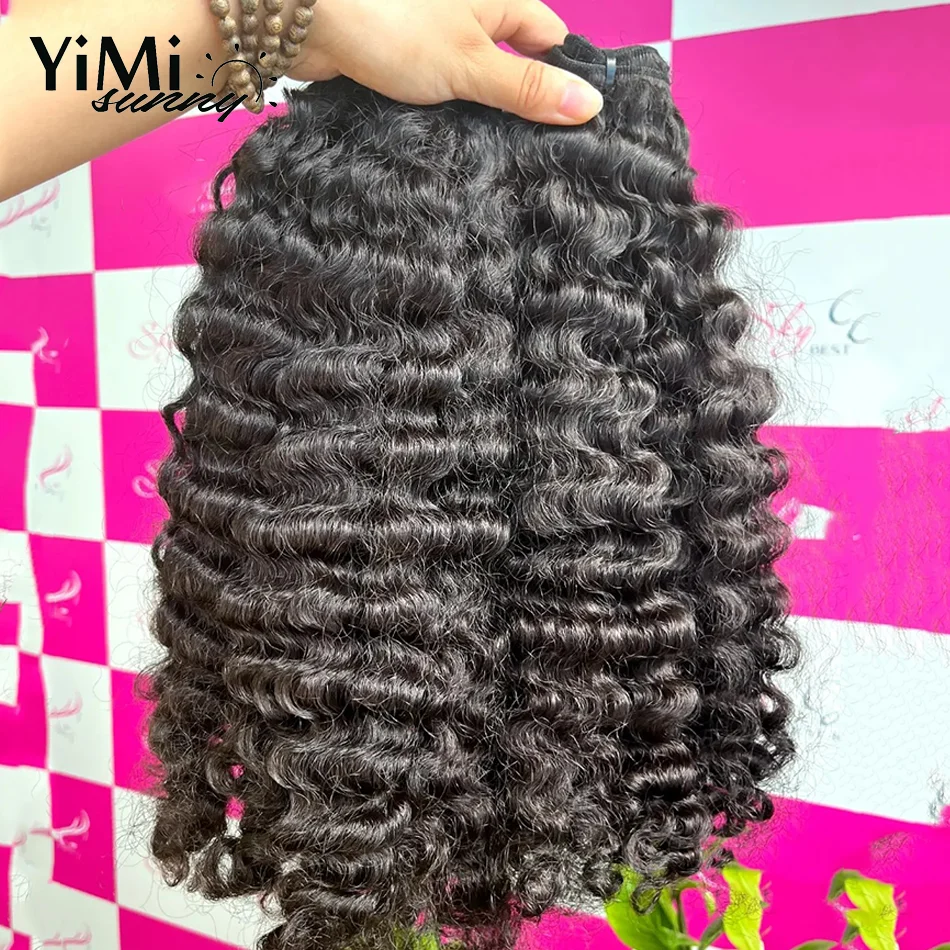 Yimisunny-pacotes encaracolados do cabelo humano com fechamento do laço 4x4 HD, tecelagem, Remy, 3C, 4A, onda profunda, trama do cabelo, trama, cabeça cheia