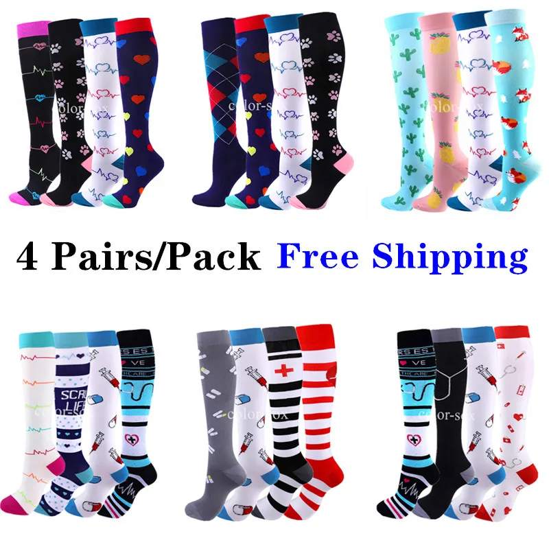 4 Pairs/Pack Compression Socks High Sports Socks for Women Men Running Hiking 20-30mmHg Edema Diabetes Varicose Veins Socks