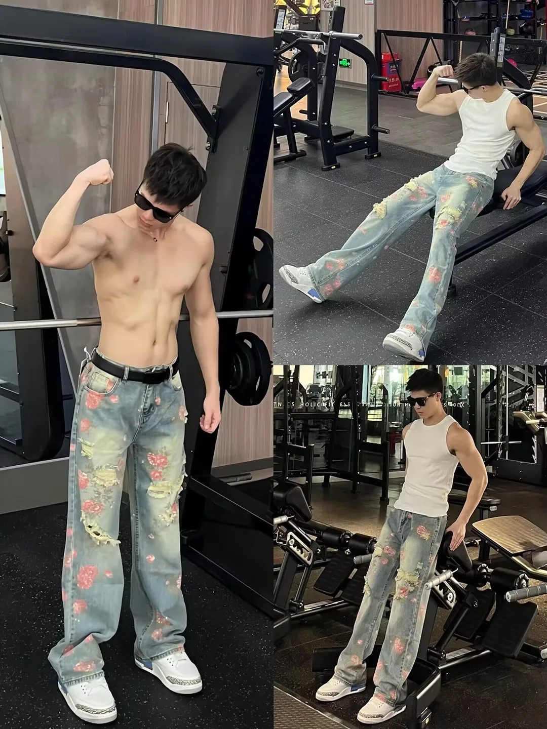 

Trendy American High Street Floral Hole Denim Jeans Men Women Autumn Straight Leg Long Pants Large Size 300 Pounds Street Style