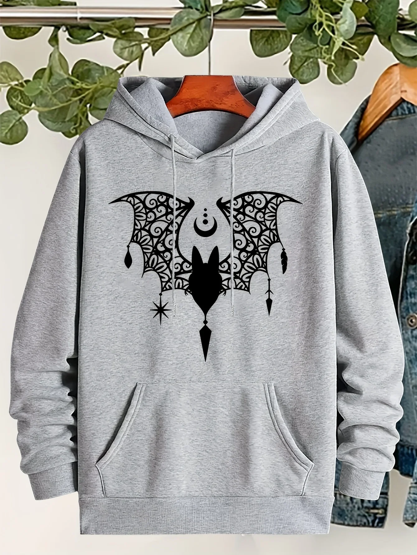Men's new model directional batwing star and moon pattern kangaroo pocket drawstring warm fleece hooded sweatshirt