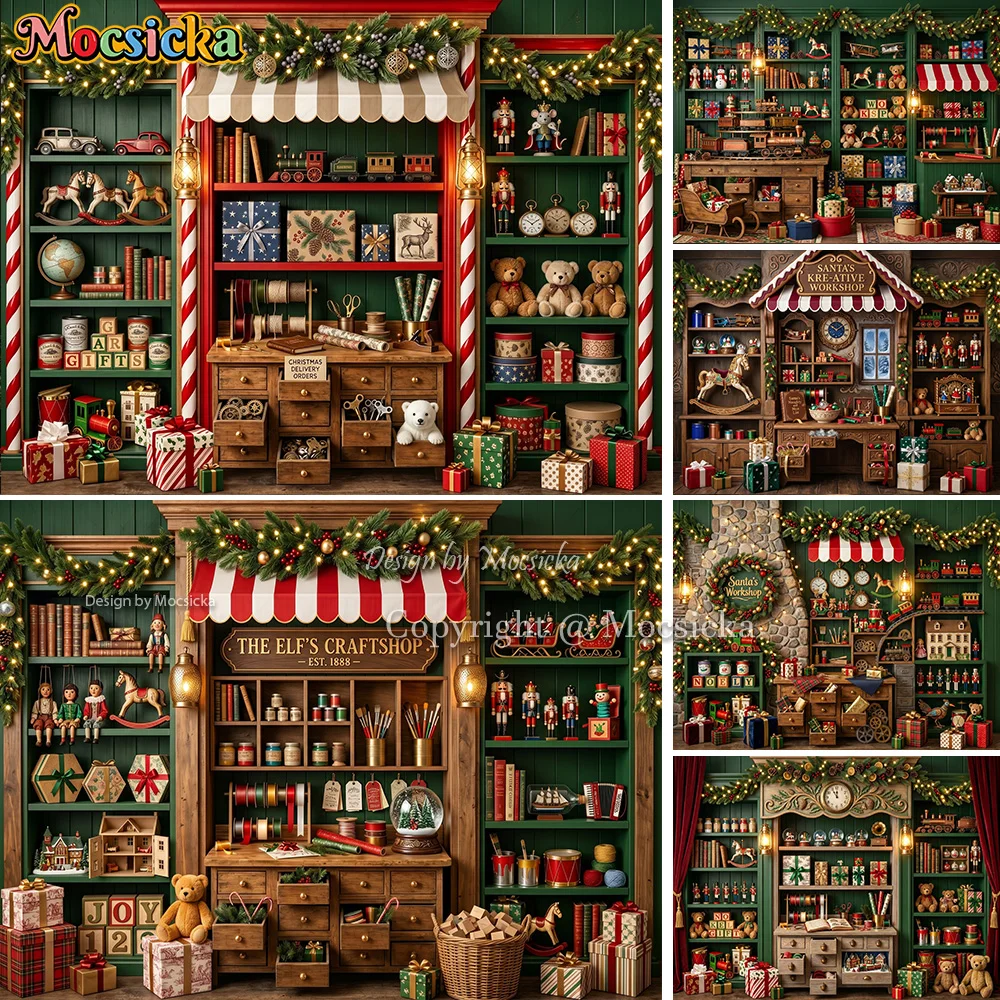Mocsicka Santa Elf Toy Workshop Backdrop Photography Gift Bear Box Garland Winter Shop Scene Background Xmas Children Photobooth