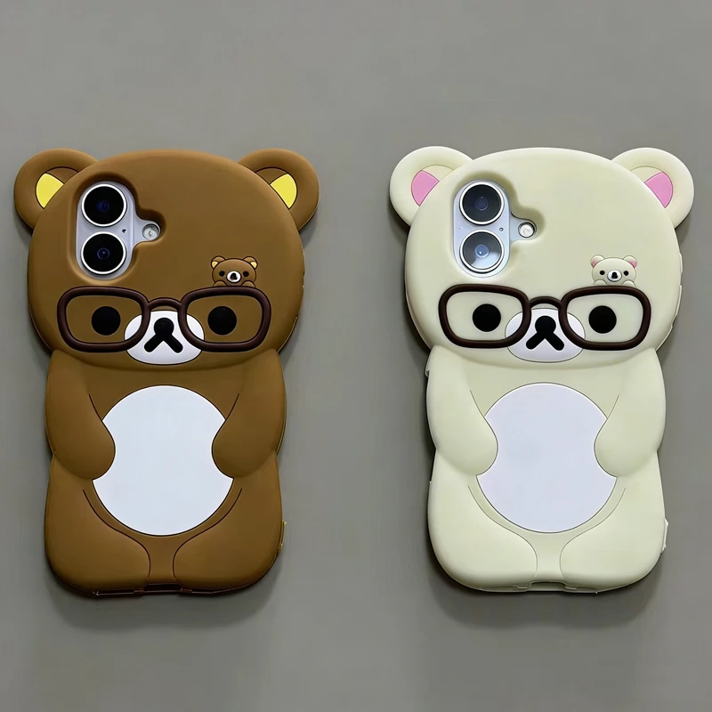 Lovely 3D Cartoon Glasses Bear Phone Case For iPhone SE 2 3 7 8 Plus 11 12 13 14 15 16 Pro Max