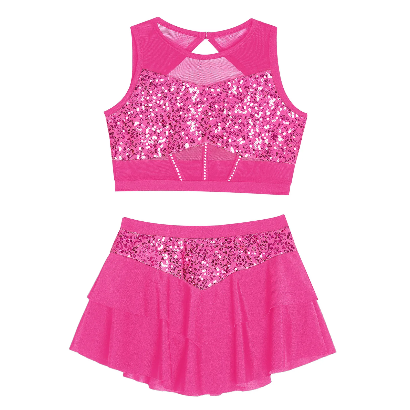 

Girls Cheerleading Jazz Hip-hop Dance Set Performance Costume for Dancing Party Competition Shiny Sequins Crop Top with Skirt