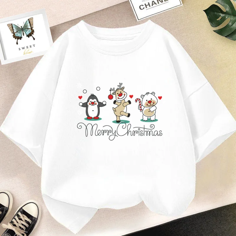 Cute Deer Merry Christmas Print Boys/Girls White T-shirt Kids Red Summer Kawaii Funny Clothes Little Baby Clothes