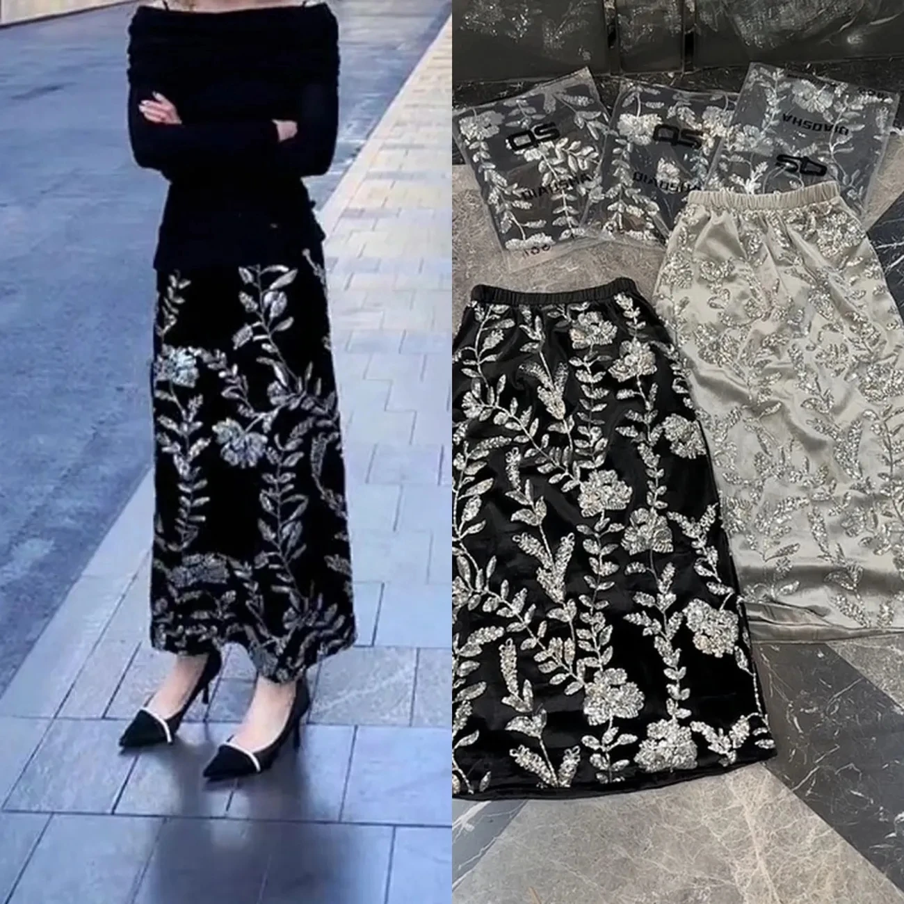 

2024 Spring Summer New Vintage Jacquard You Sparkle Floral Skirt, For Women Clothing,High Waist A-line Hip Wrapped Slit Skirts,