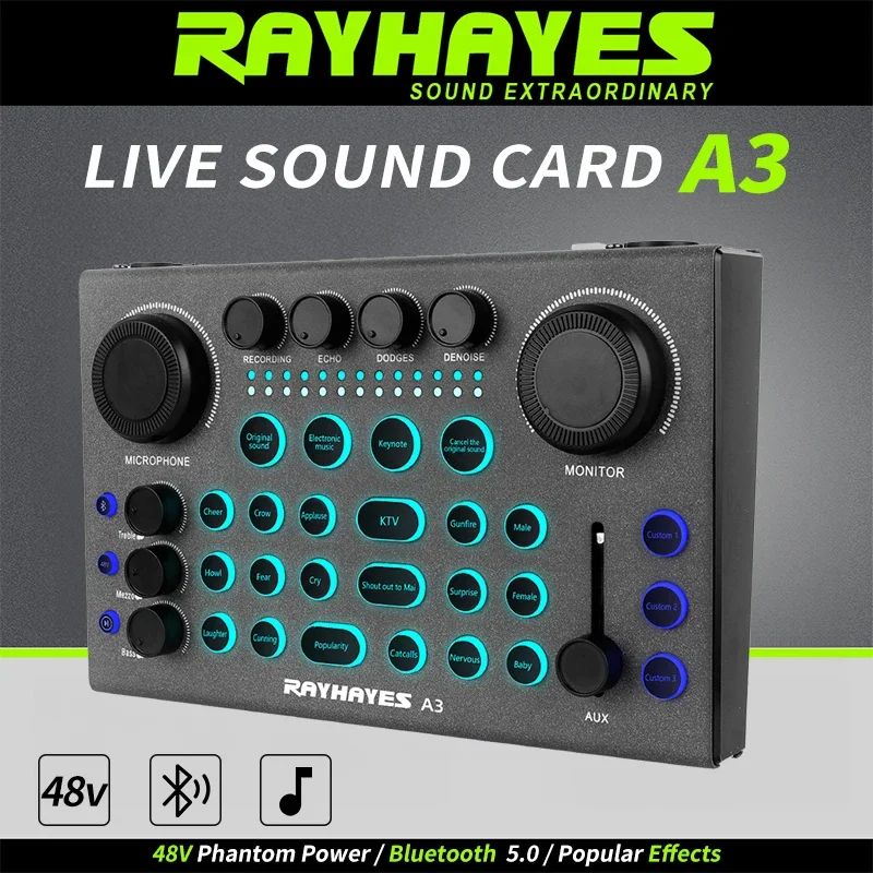 

RAYHAYES A3 Professional Digital Audio Mixer with Bluetooth One-Touch Mute and Earphone Monitoring Functionality