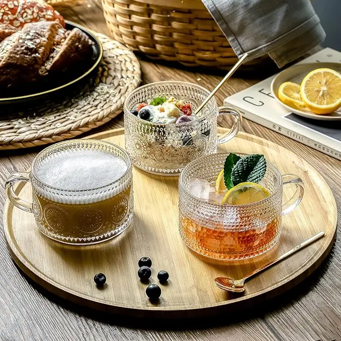 Vintage Glass Coffee Mugs, Breakfast Cup, Sunflower Wooden Lid Spoon, Overnight Oatmeal Cup, Large 450ml