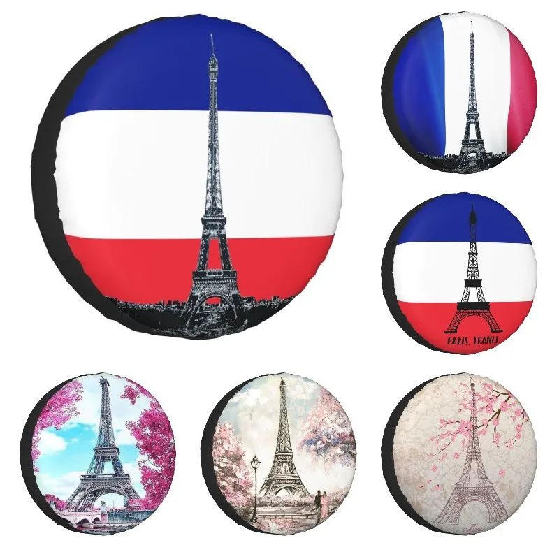 Eiffel Tower France Flag Spare Tire Cover for Toyota Land Cruiser Prado Jeep RV SUV Camper Car Wheel Covers 14